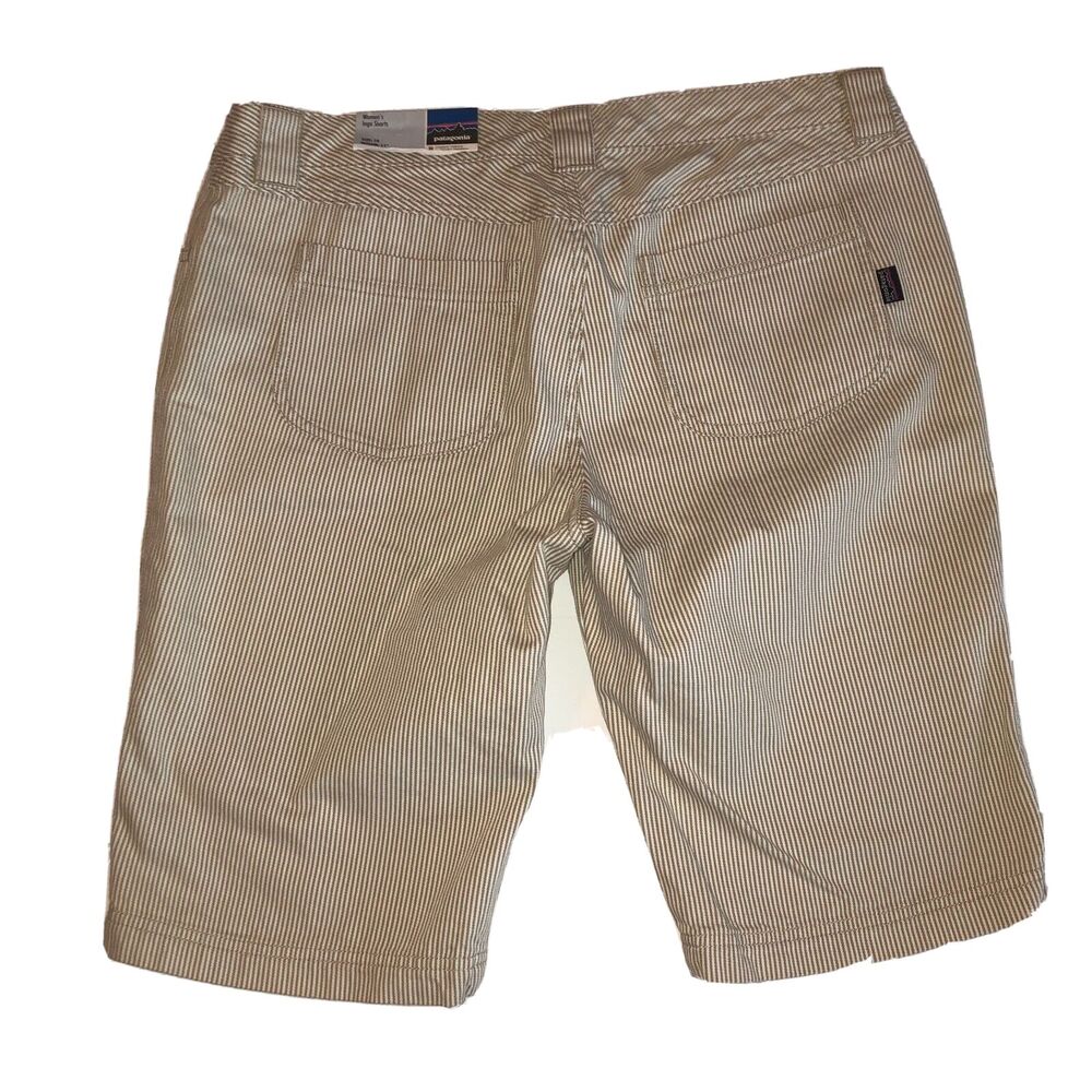 Patagonia Women's Tan and White Pinstripe Bermudas